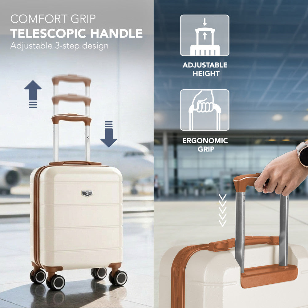 LUGG Jetset 15 Inch ABS Shell Protection Water Resistant & Safe Locking System Easyjet Free Under Seat Luggage (45x33x20cm) - Cream & Brown