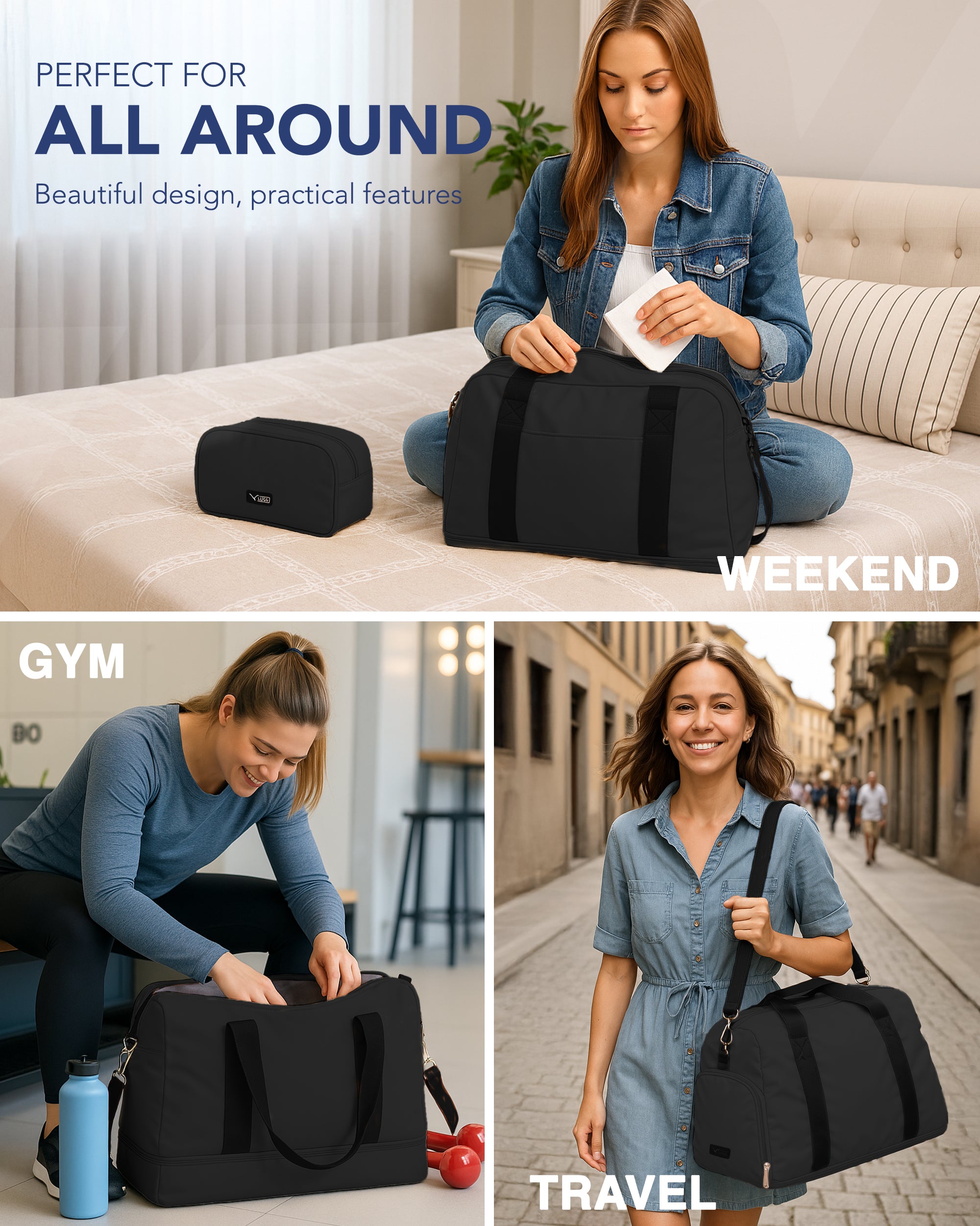 LUGG Duffle & Toiletry Bag Set – Waterproof Travel Bags for Men & Women - Black