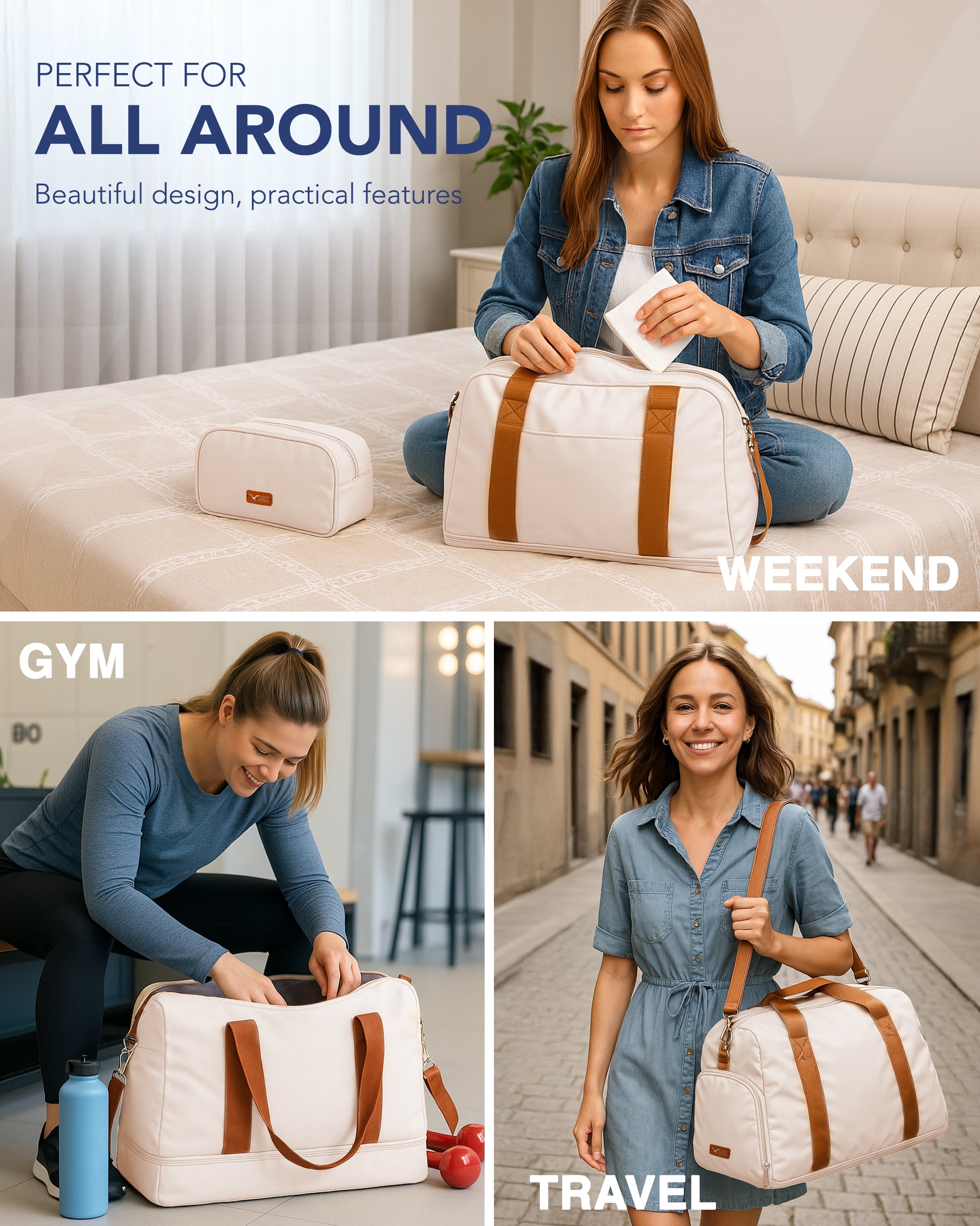 LUGG Duffle & Toiletry Bag Set – Waterproof Travel Bags for Men & Women - Cream