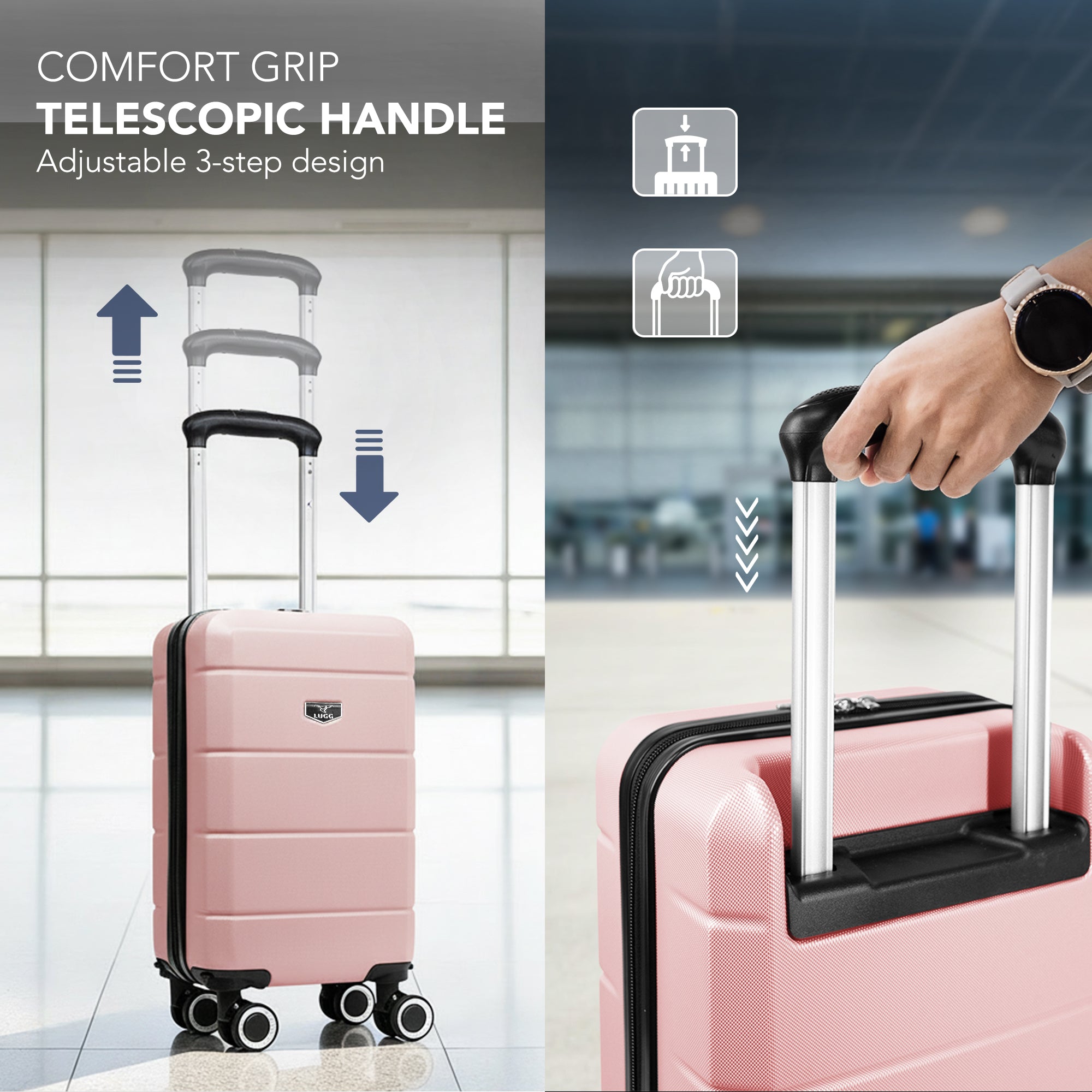 LUGG - Jetset 40cm Suitcase - 40x25x20cm- Ryanair Compatible - Underseat Size - Hard Shell ABS - Spinner & Removable Wheels - Lightweight Travel Luggage- Rose Gold