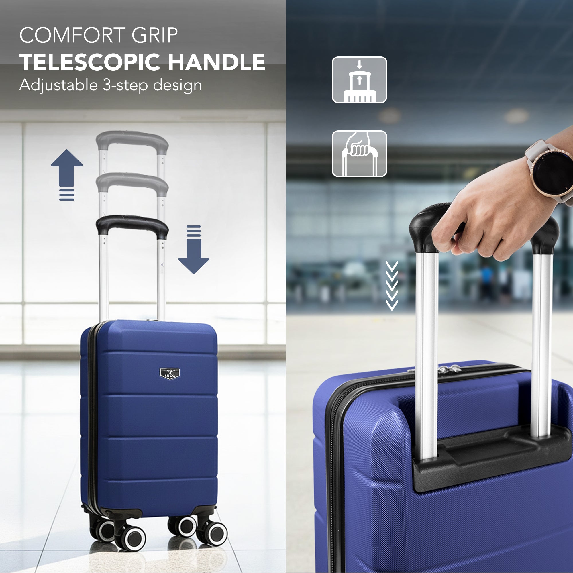 LUGG - Jetset 40cm Suitcase - 40x25x20cm- Ryanair Compatible - Underseat Size - Hard Shell ABS - Spinner & Removable Wheels - Lightweight Travel Luggage- Midnight Blue