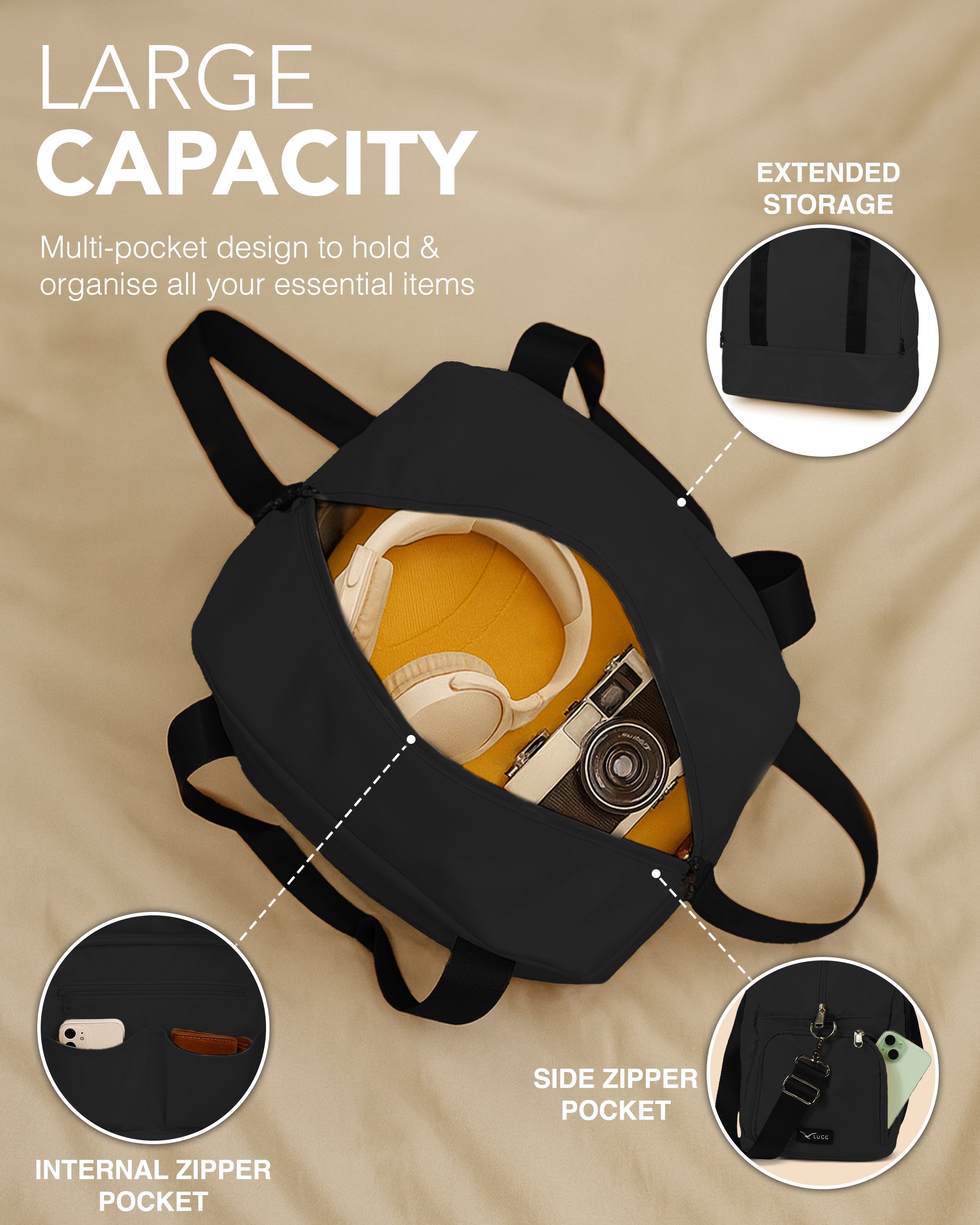 LUGG Duffle & Toiletry Bag Set – Waterproof Travel Bags for Men & Women - Black