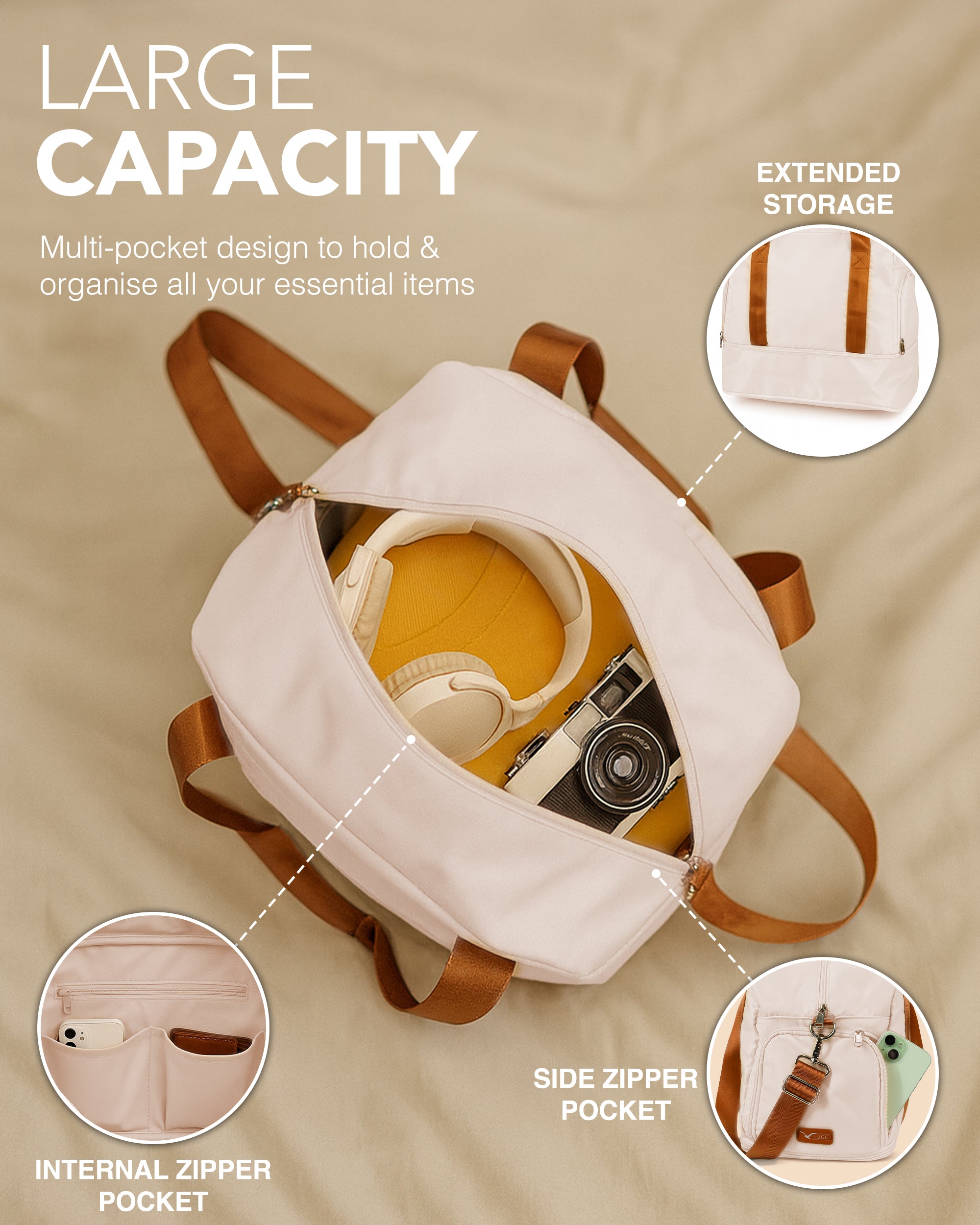 LUGG Duffle & Toiletry Bag Set – Waterproof Travel Bags for Men & Women - Cream