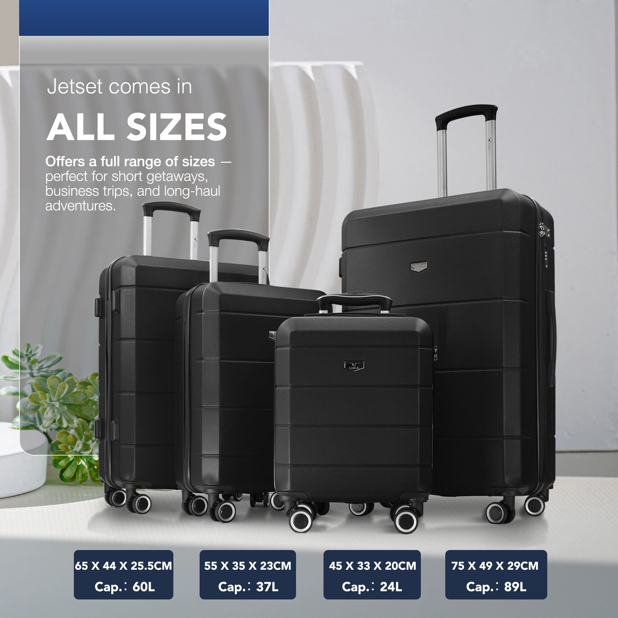 LUGG Jetset 24” Lightweight Travel Carry On Suitcase, ABS, Water Resistant & TSA Lock, Easyjet Overhead- Black