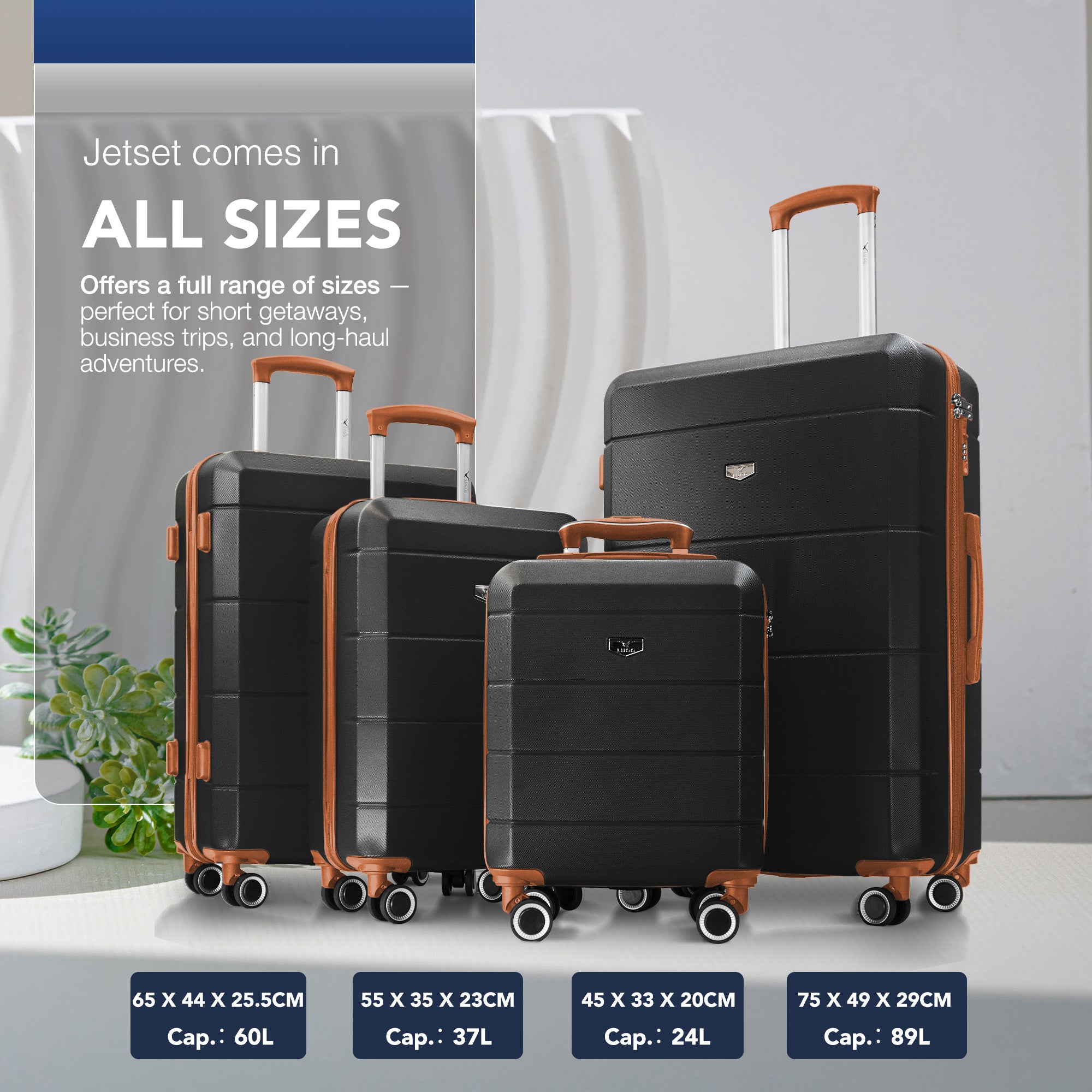 LUGG Jetset 24” Lightweight Travel Carry On Suitcase, ABS, Water Resistant & TSA Lock, Easyjet Overhead- Black with Brown