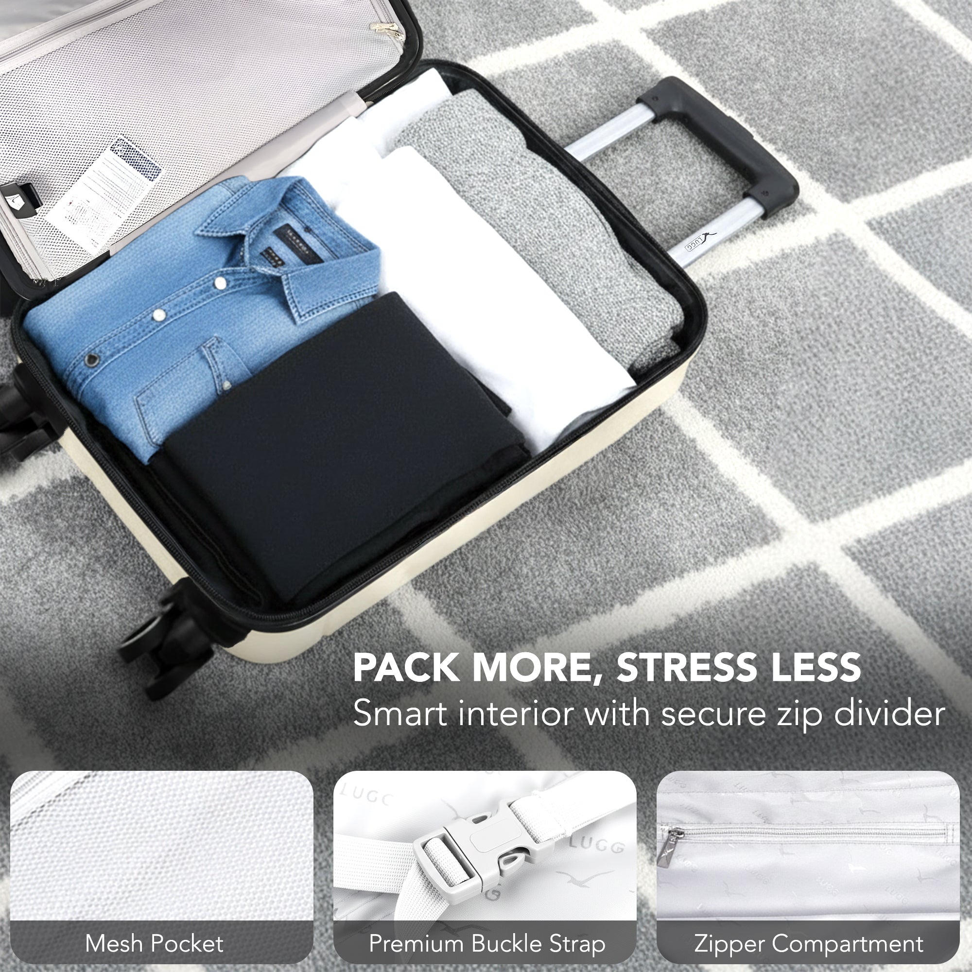 LUGG - Jetset 40cm Suitcase - 40x25x20cm- Ryanair Compatible - Underseat Size - Hard Shell ABS - Spinner & Removable Wheels - Lightweight Travel Luggage- Ivory