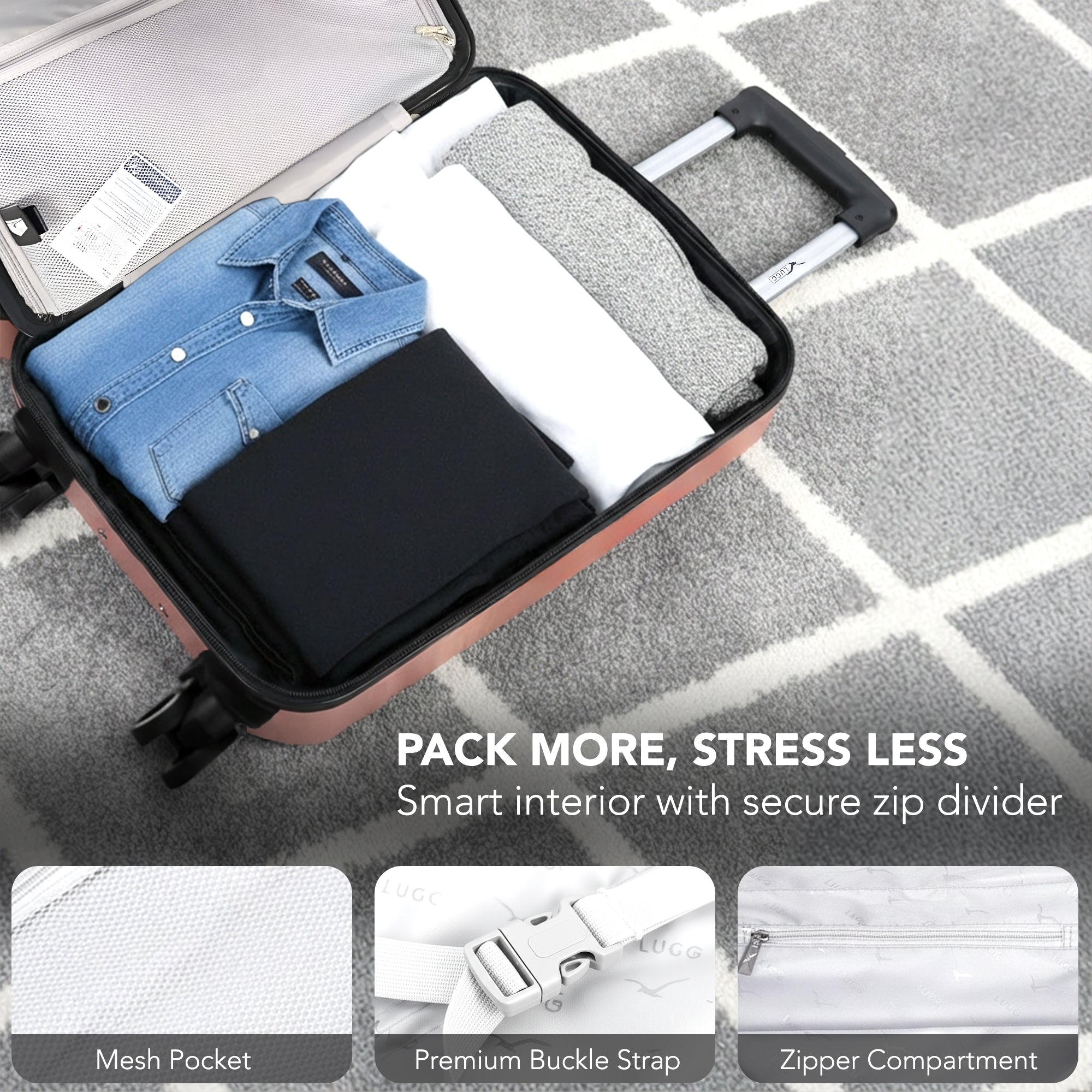 LUGG - Jetset 40cm Suitcase - 40x25x20cm- Ryanair Compatible - Underseat Size - Hard Shell ABS - Spinner & Removable Wheels - Lightweight Travel Luggage- Rose Gold