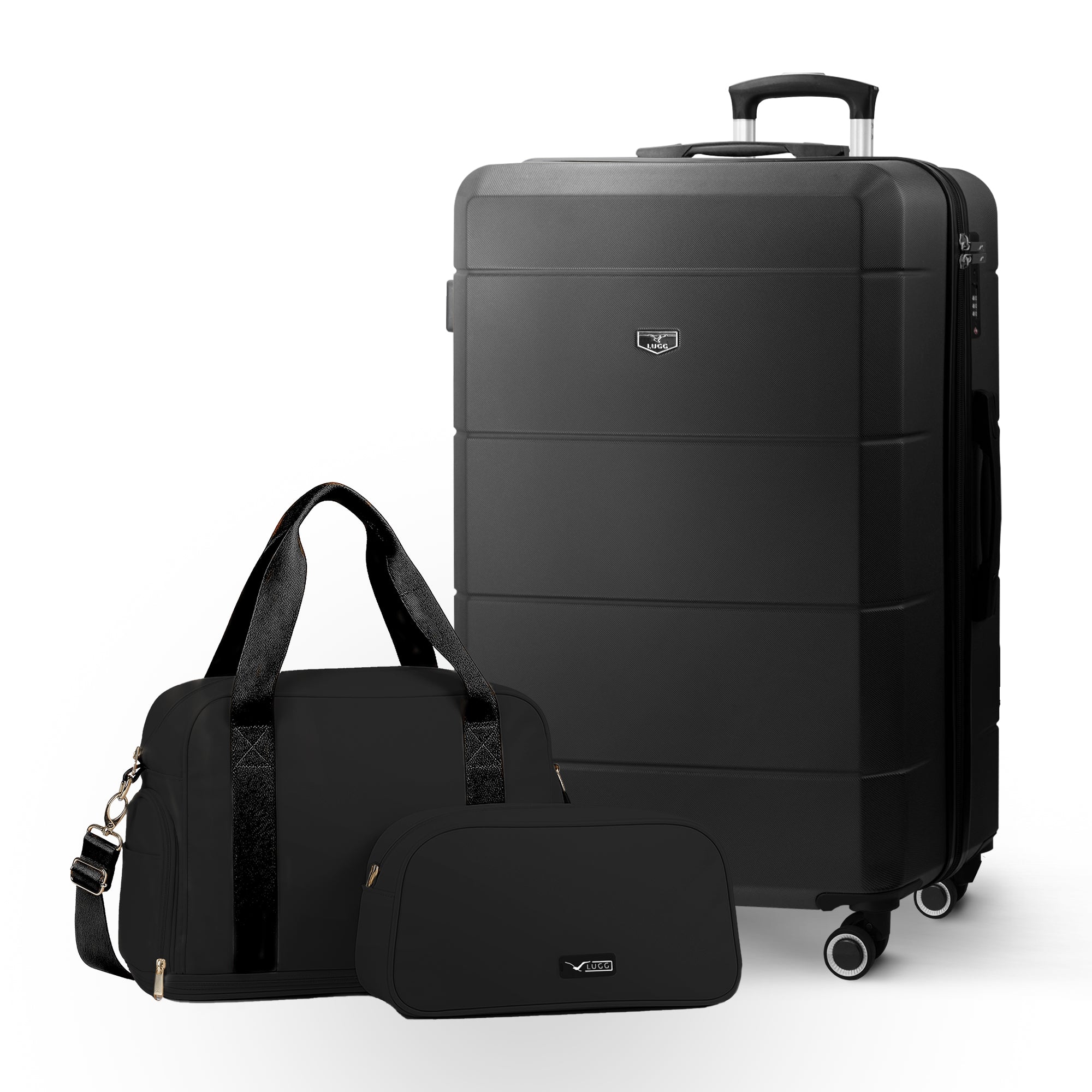 Lugg Jetset 3-Piece Travel Set – 75×49×29 cm Hard Shell Large Check-in Suitcase + Duffel Bag + Toiletry Bag- Black
