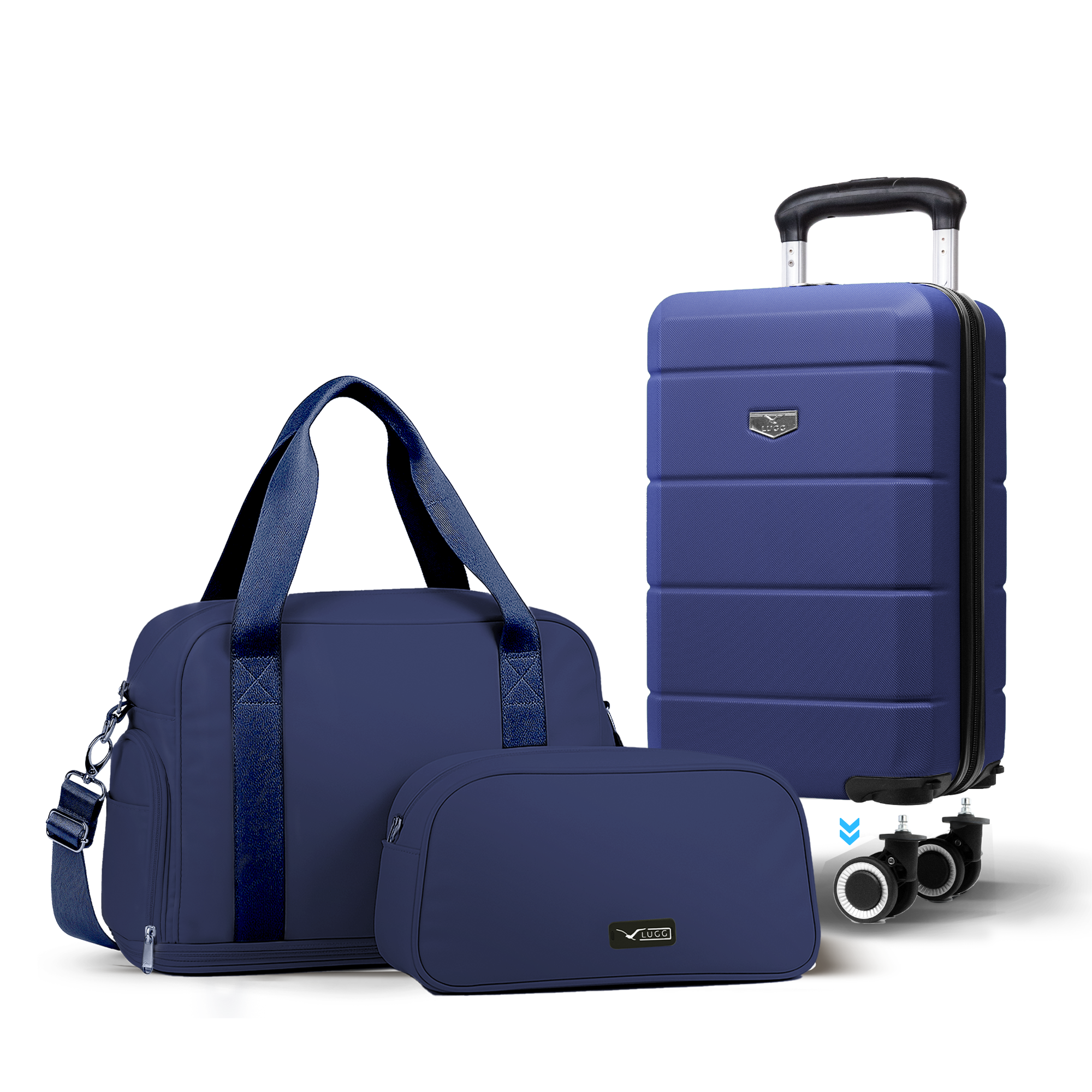 Lugg Jetset 3-Piece Travel Set – Ryanair 40×25×20 cm Hard Shell Cabin Bag with Detachable Wheels + Duffel Bag + Toiletry Bag- Midnight Blue