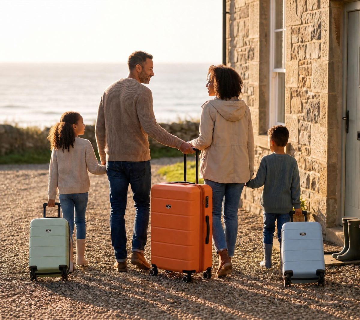 Family of four walking to a seaside cottage with a Lugg family suitcase and two child-sized cases
