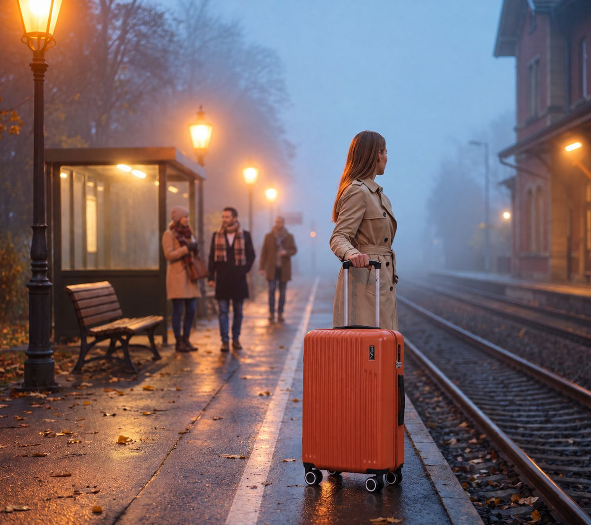 Woman with an orange Lugg suitcase on a misty railway platform at dusk for a Halloween getaway