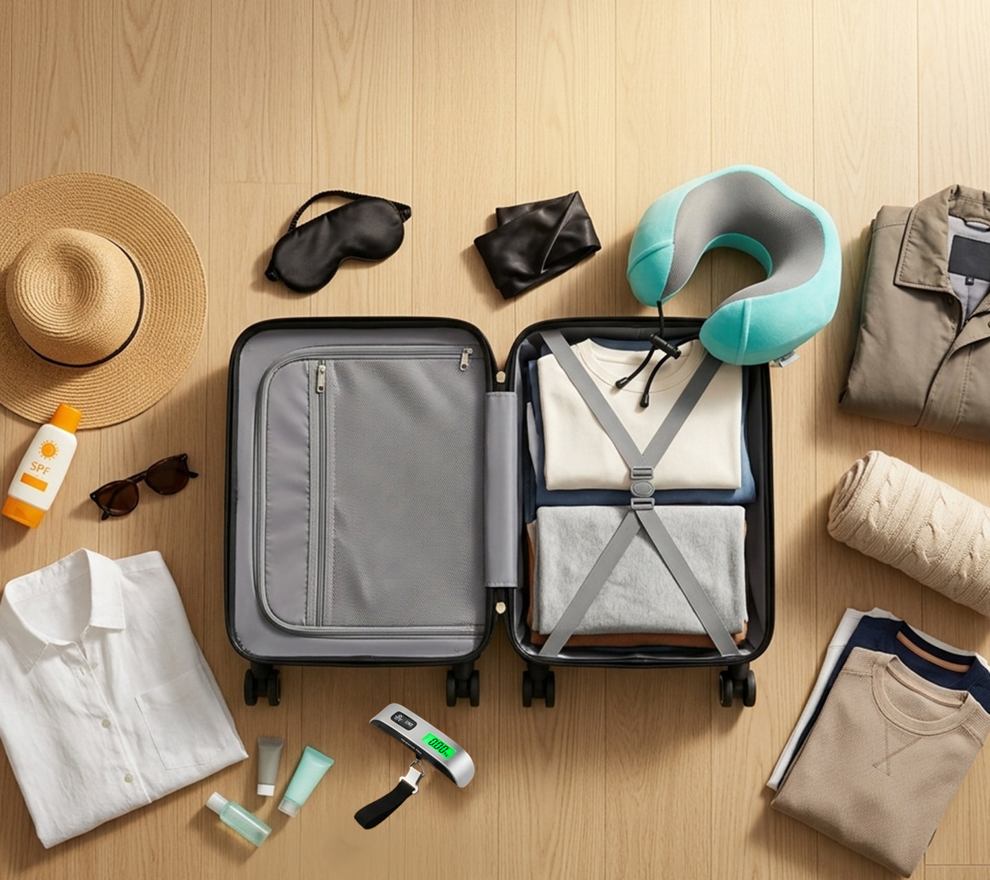 Holiday packing list flatlay - open suitcase packed for beach city break ski and long-haul