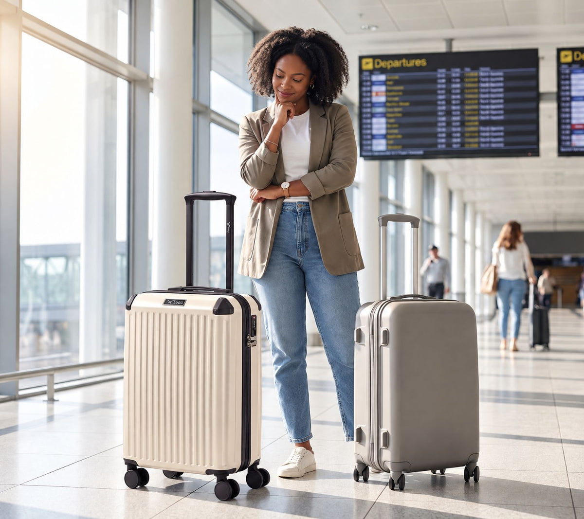 Traveller wheeling two Lugg hard shell suitcases through an airport terminal