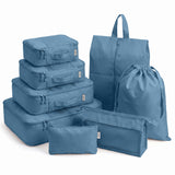Slate Blue 8 piece packing cubes set with shoe bag, toiletry bag and drawstring laundry bag