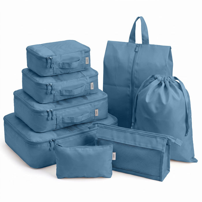 Slate Blue 8 piece packing cubes set with shoe bag, toiletry bag and drawstring laundry bag