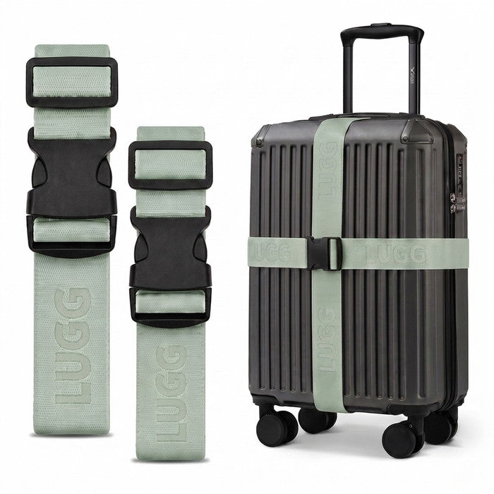 Sage Green luggage straps in two lengths beside hardshell suitcase, buckle detail