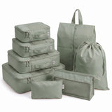 Sage Green 8 piece packing cubes set with shoe bag, toiletry bag and drawstring laundry bag