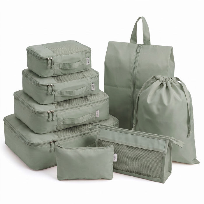 Sage Green 8 piece packing cubes set with shoe bag, toiletry bag and drawstring laundry bag