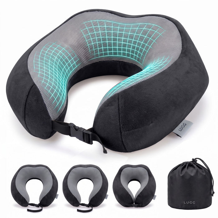Black memory foam travel pillow with storage bag, U-shaped neck support