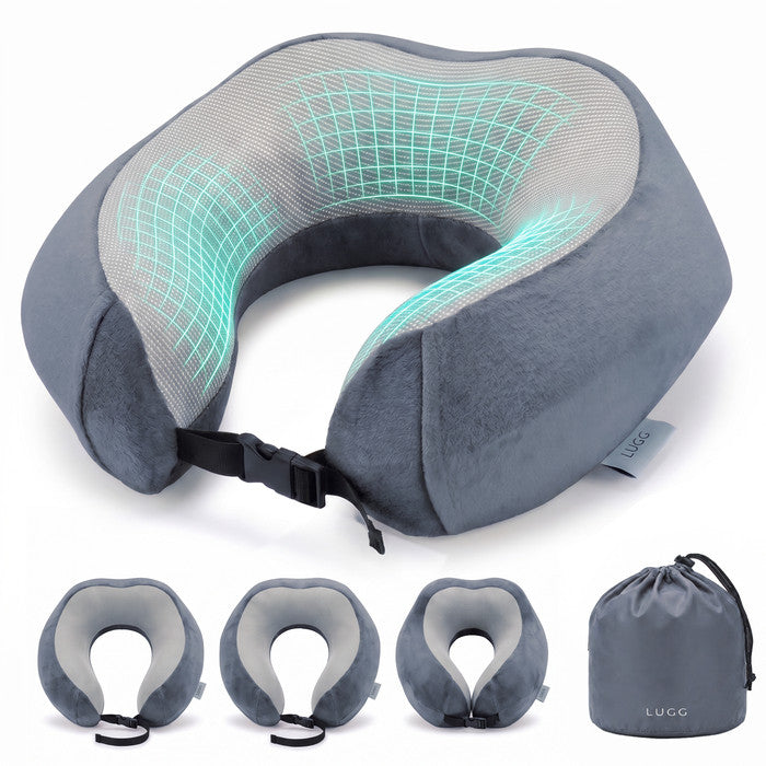 Gunmetal Grey memory foam travel pillow with storage bag, U-shaped neck support