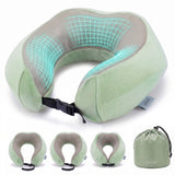 Sage Green memory foam travel pillow with storage bag, U-shaped neck support