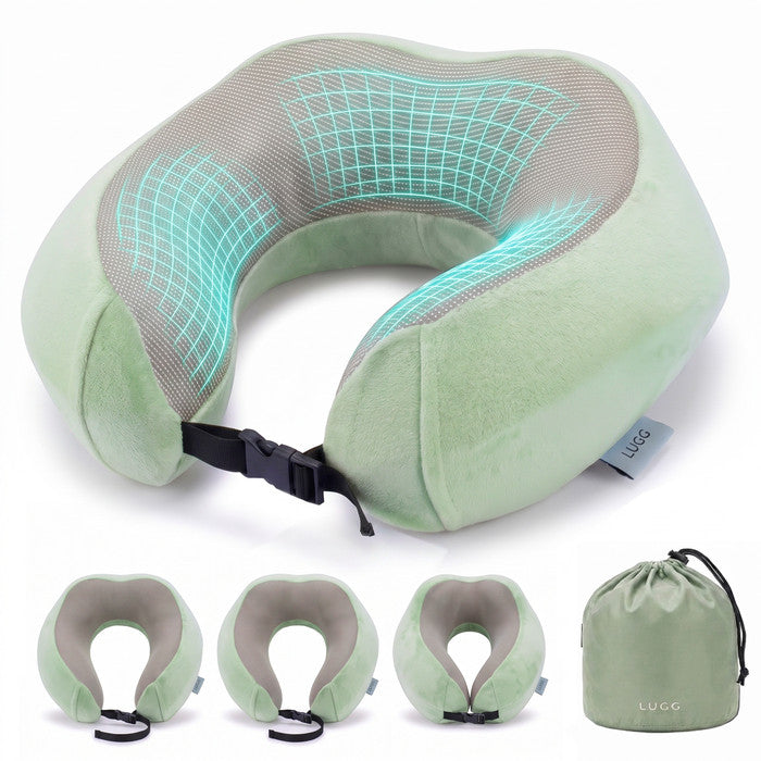Sage Green memory foam travel pillow with storage bag, U-shaped neck support