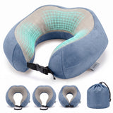 Slate Blue memory foam travel pillow with storage bag, U-shaped neck support