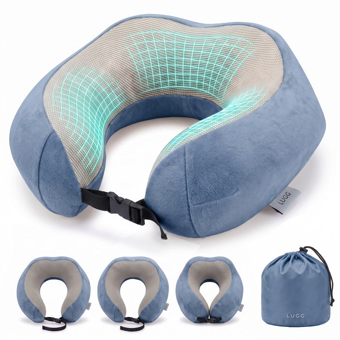 Slate Blue memory foam travel pillow with storage bag, U-shaped neck support