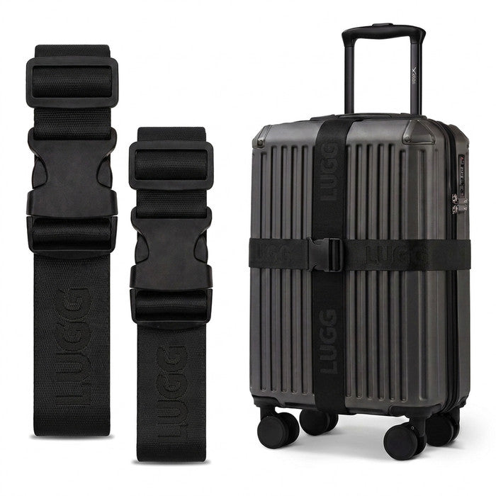 Black luggage straps in two lengths beside hardshell suitcase, buckle detail