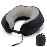 Black memory foam travel pillow with storage bag, U-shaped neck support