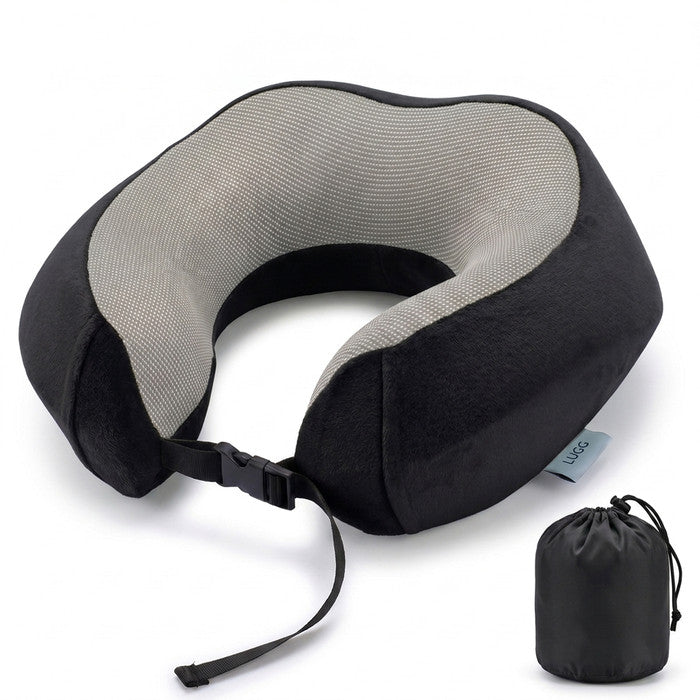 Black memory foam travel pillow with storage bag, U-shaped neck support