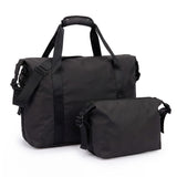 Black waterproof travel duffle bag with matching toiletry wash bag set