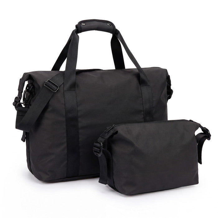 Black waterproof travel duffle bag with matching toiletry wash bag set