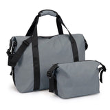 Gunmetal grey waterproof travel duffle bag with matching toiletry bag set