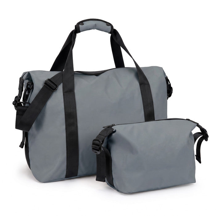 Gunmetal grey waterproof travel duffle bag with matching toiletry bag set