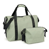 Sage green waterproof travel duffle bag with matching toiletry bag set