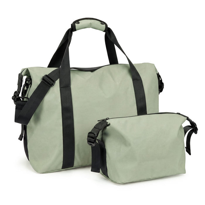 Sage green waterproof travel duffle bag with matching toiletry bag set