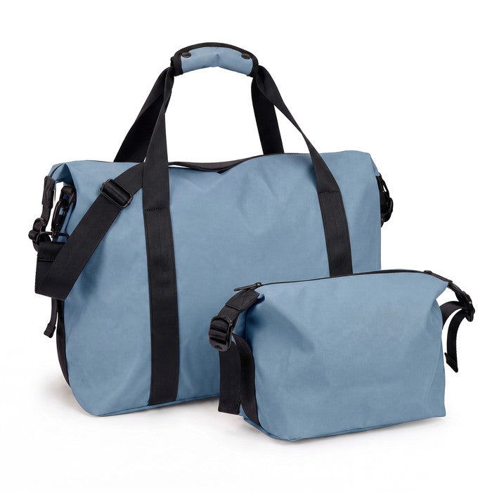 Slate blue waterproof travel duffle bag with matching toiletry bag set