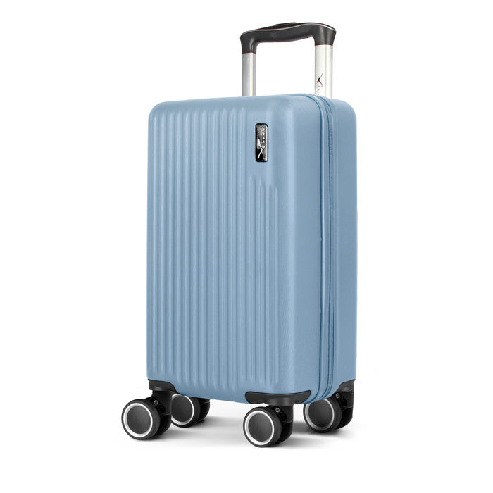 Vacay Slate Blue 40cm hard shell underseat cabin bag, front view with spinner wheels