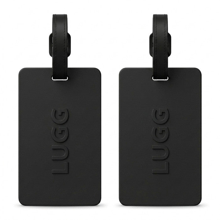 Two Black luggage tags side by side, 2-pack suitcase ID tag set UK