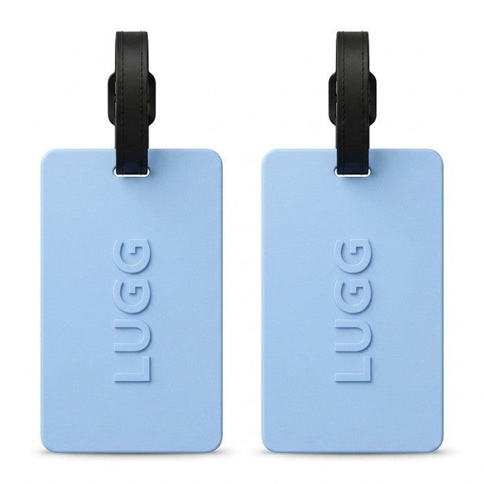 Two Slate Blue luggage tags side by side, 2-pack suitcase ID tag set UK