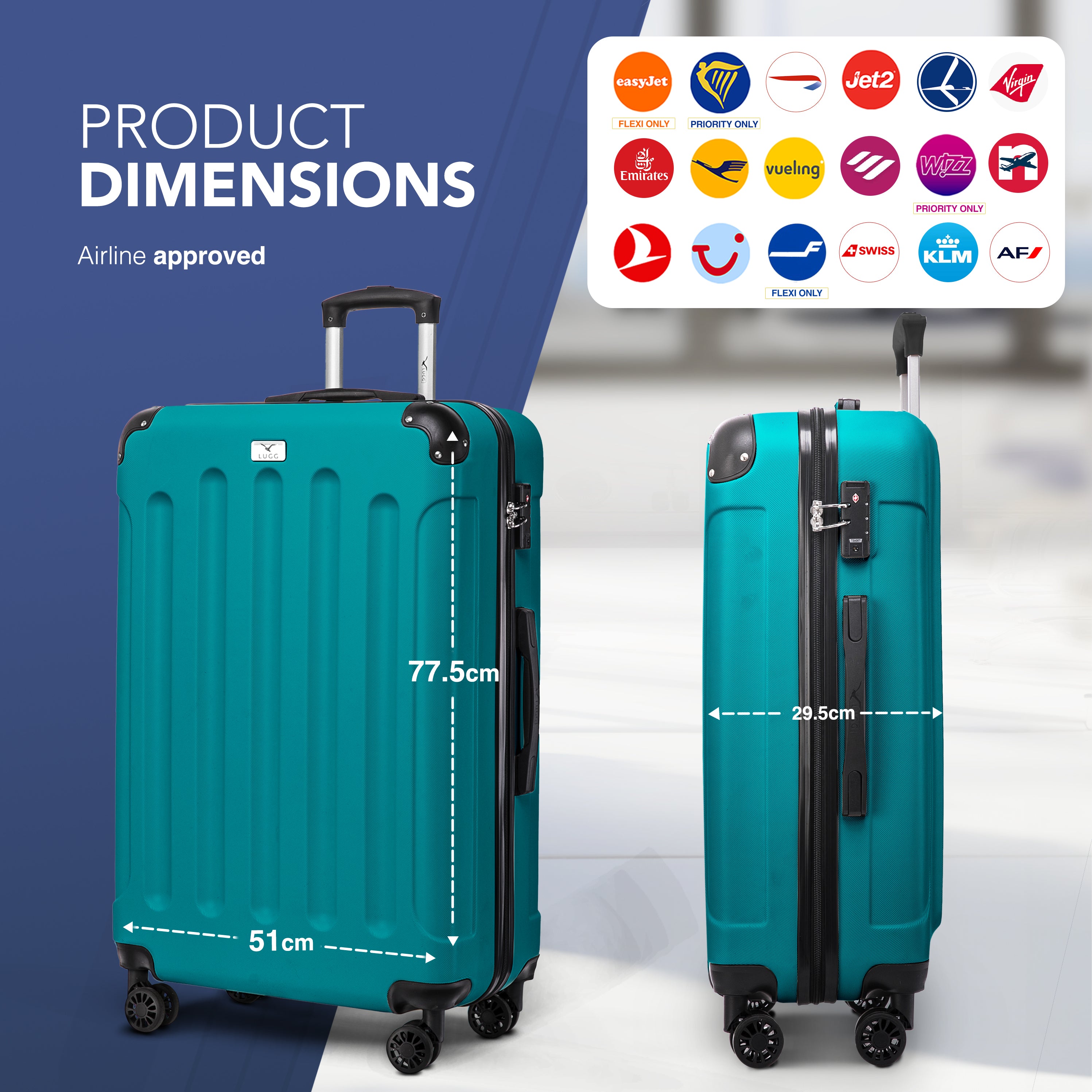 LUGG Skywander 28” Lightweight Luggage - 75cm x 49cm x 29cm - Strong & Lightweight with Secure TSA Lock, Smooth 360° Wheels & Resilient Handle- Teal