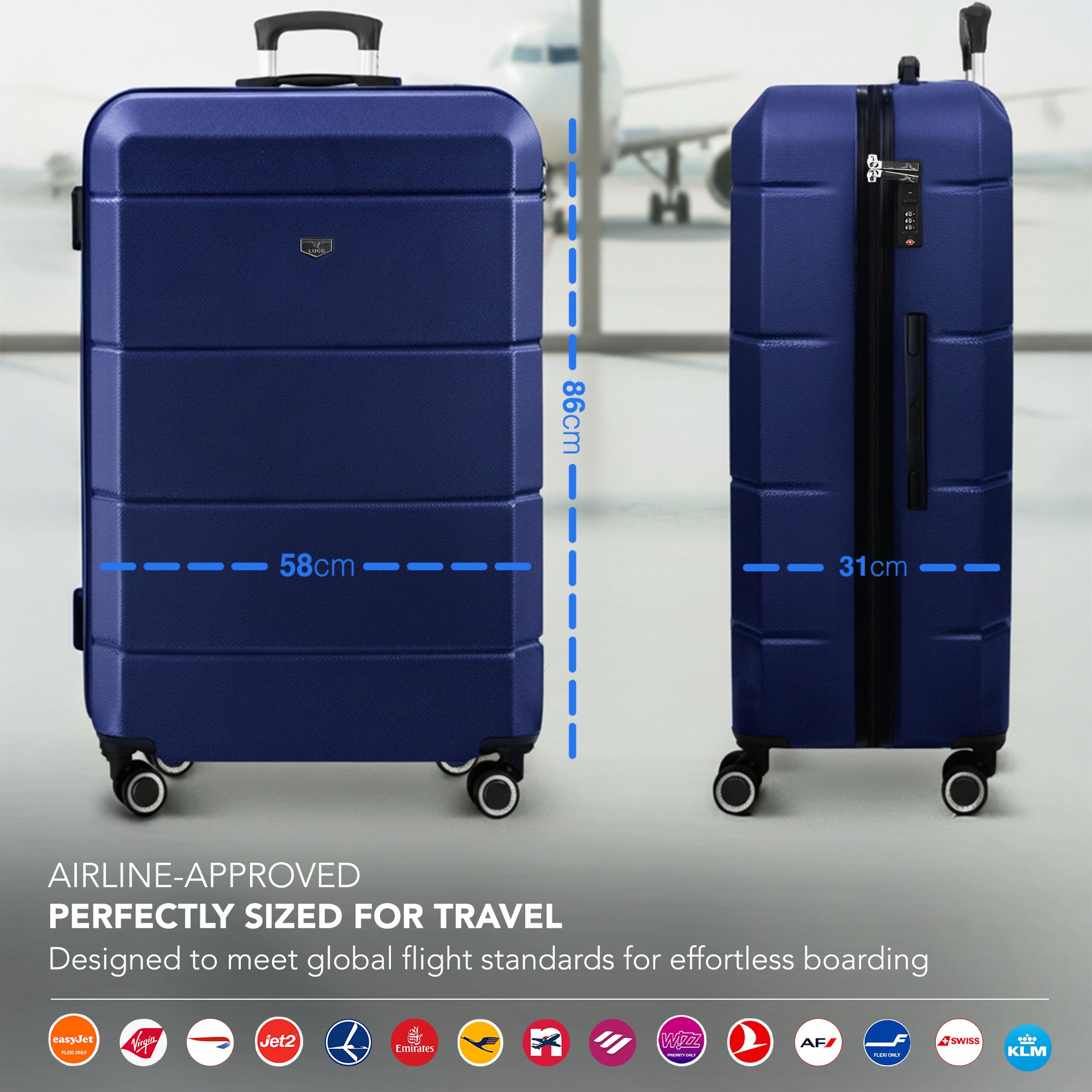 Jetset 32" Large Suitcase – Lightweight Hard Shell Luggage with TSA Lock – Water-Resistant ABS Spinner Suitcase – 4 Wheels – 86x58x31cm Travel Bag - Midnight Blue