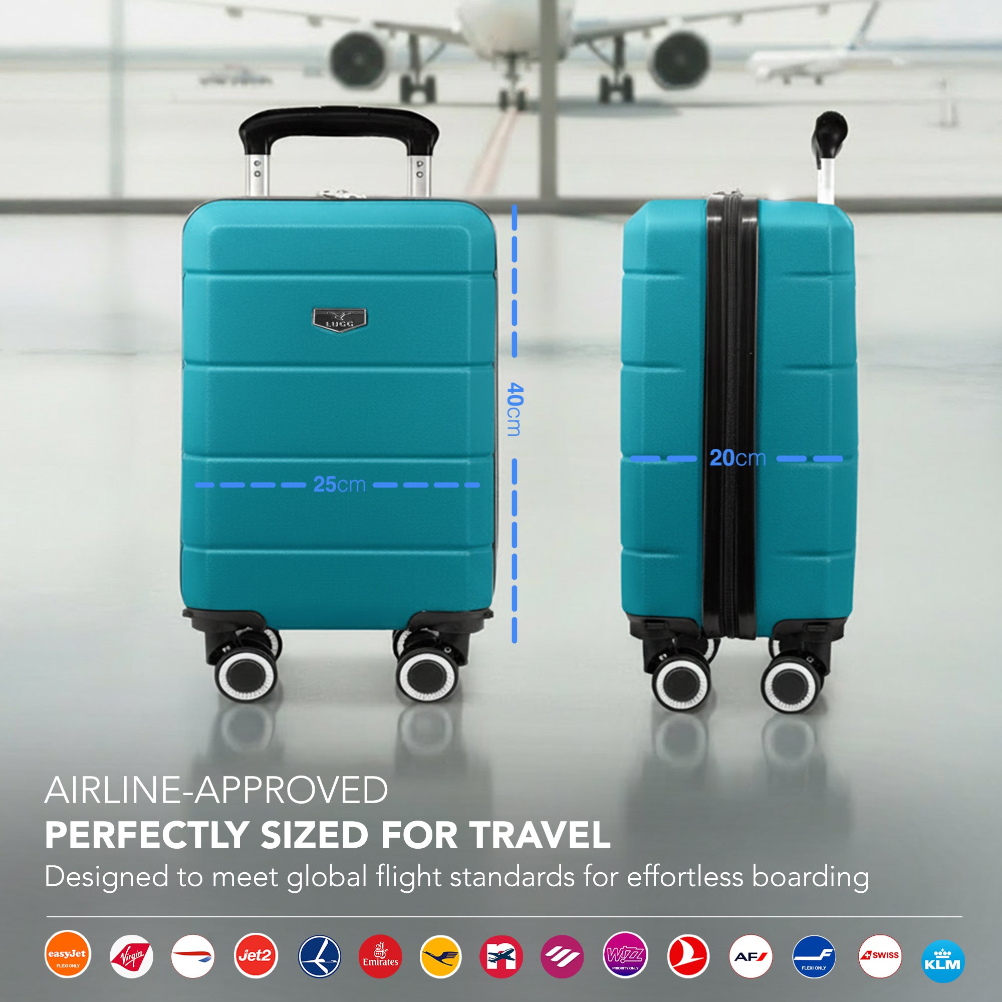 LUGG - Jetset 40cm Suitcase - 40x25x20cm- Ryanair Compatible - Underseat Size - Hard Shell ABS - Spinner & Removable Wheels - Lightweight Travel Luggage- Teal