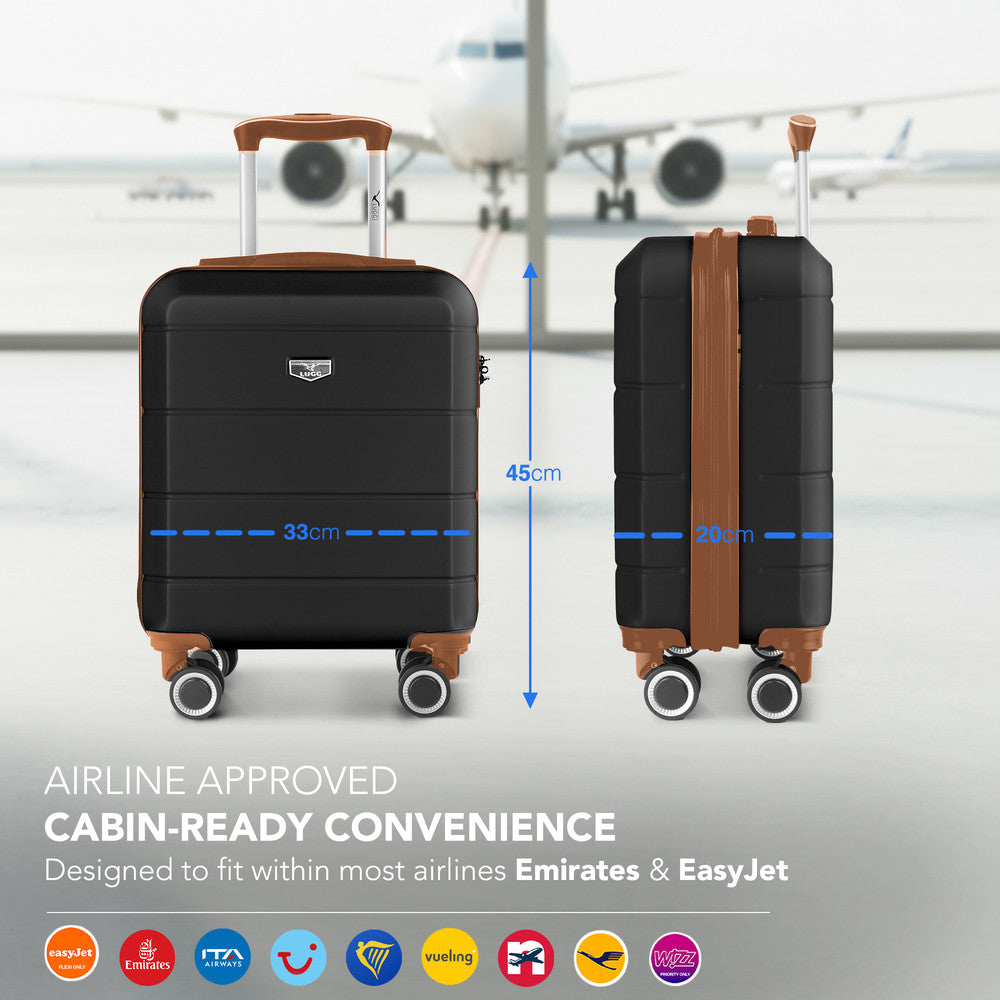LUGG Jetset 15 Inch ABS Shell Protection Water Resistant & Safe Locking System Easyjet Free Under Seat Luggage (45x33x20cm) - Black & Brown