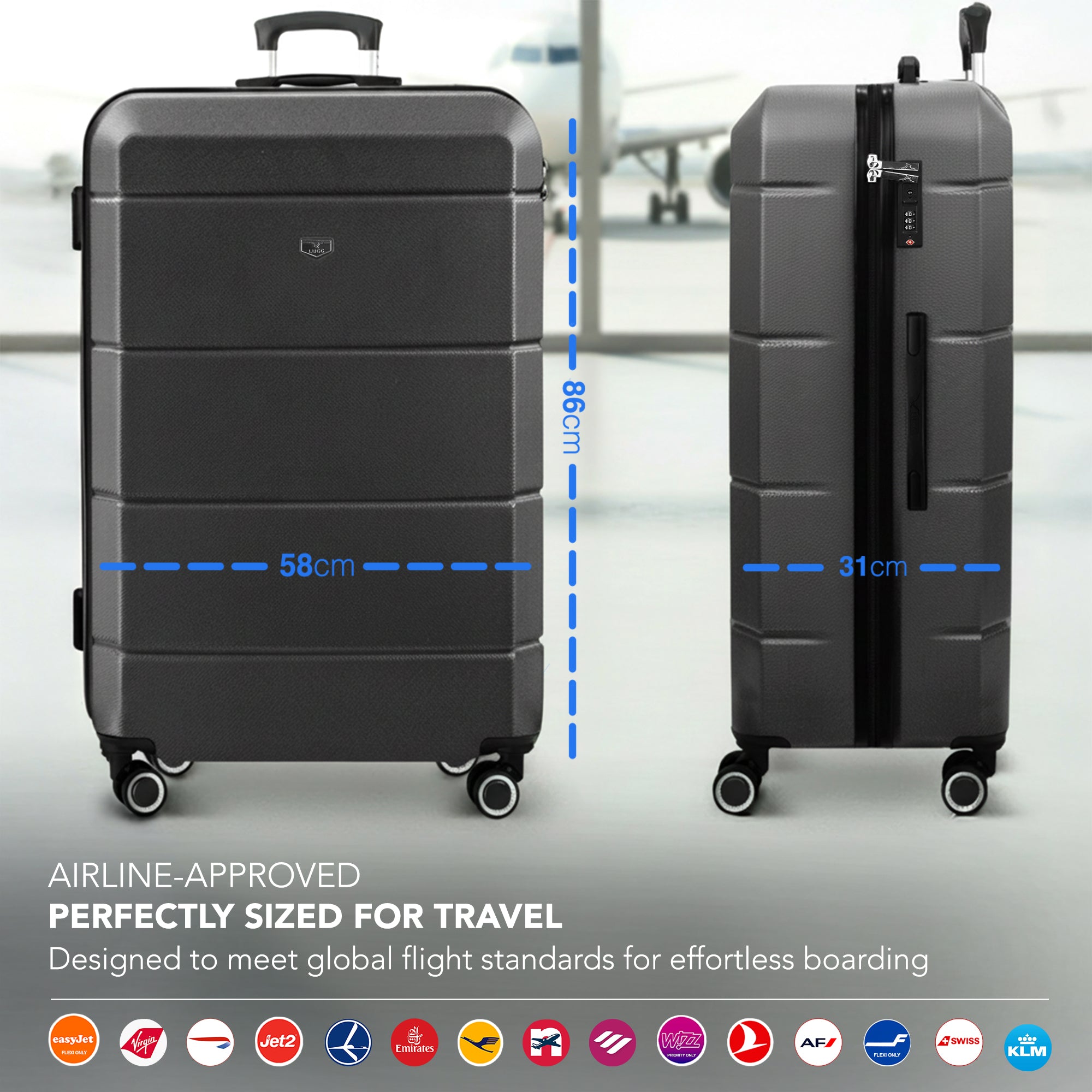 Jetset 32" Large Suitcase – Lightweight Hard Shell Luggage with TSA Lock – Water-Resistant ABS Spinner Suitcase – 4 Wheels – 86x58x31cm Travel Bag - Gunmetal
