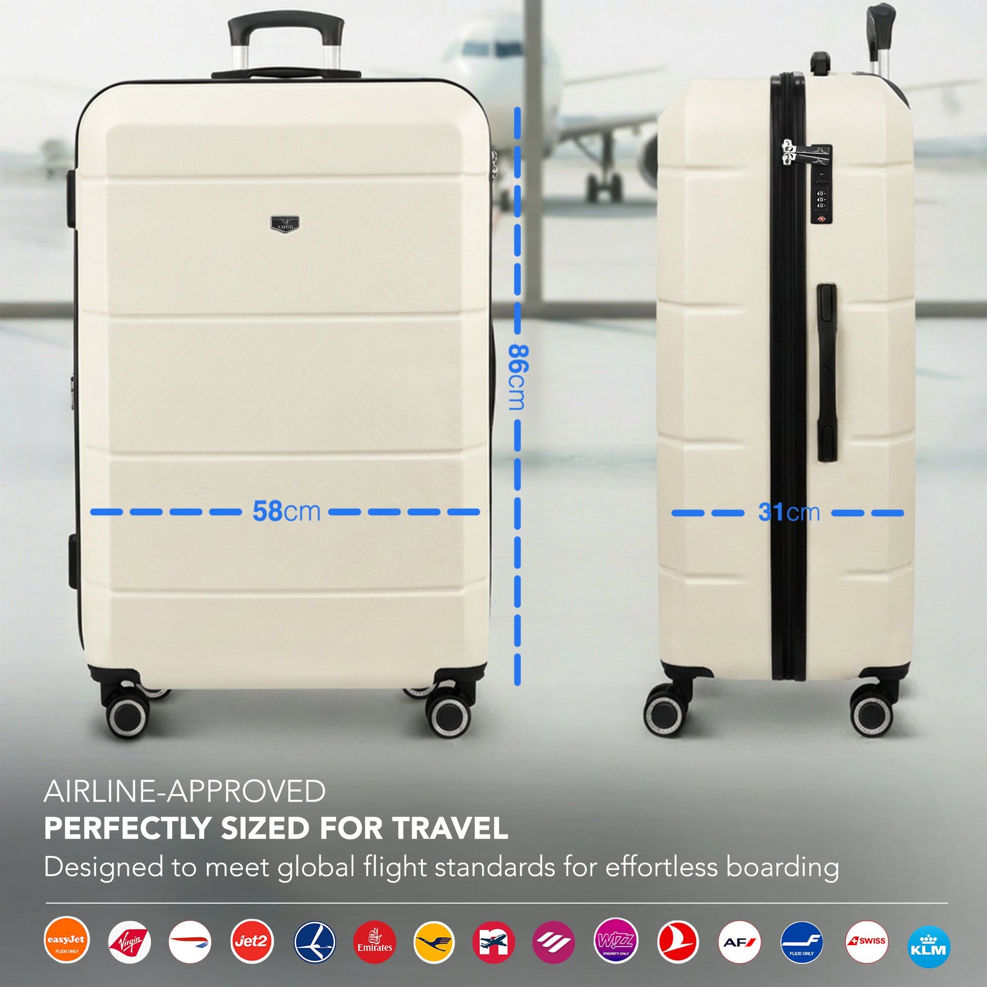 Jetset 32" Large Suitcase – Lightweight Hard Shell Luggage with TSA Lock – Water-Resistant ABS Spinner Suitcase – 4 Wheels – 86x58x31cm Travel Bag - Ivory