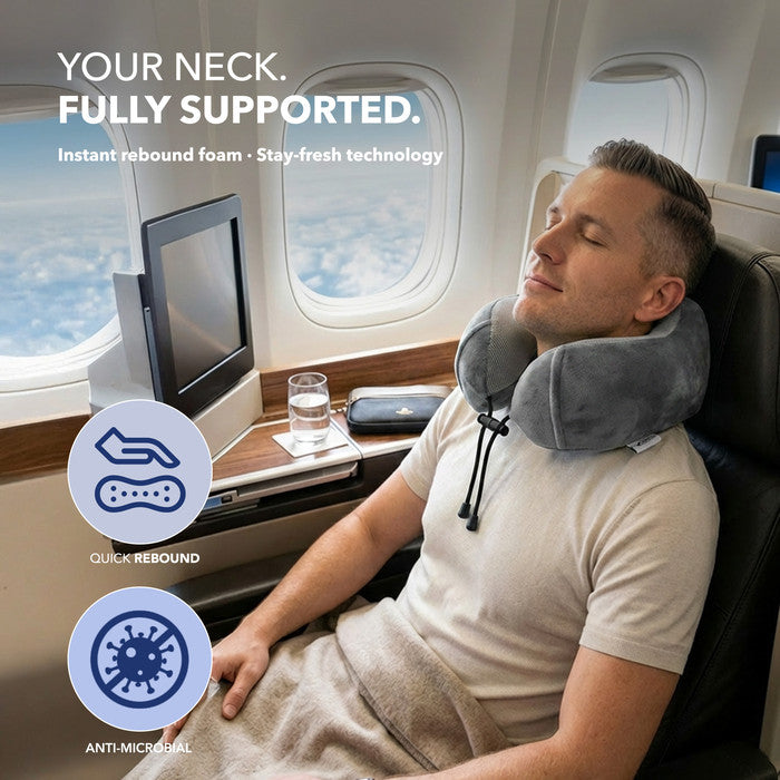 Memory Foam Travel Neck Pillow for Flights – Grey