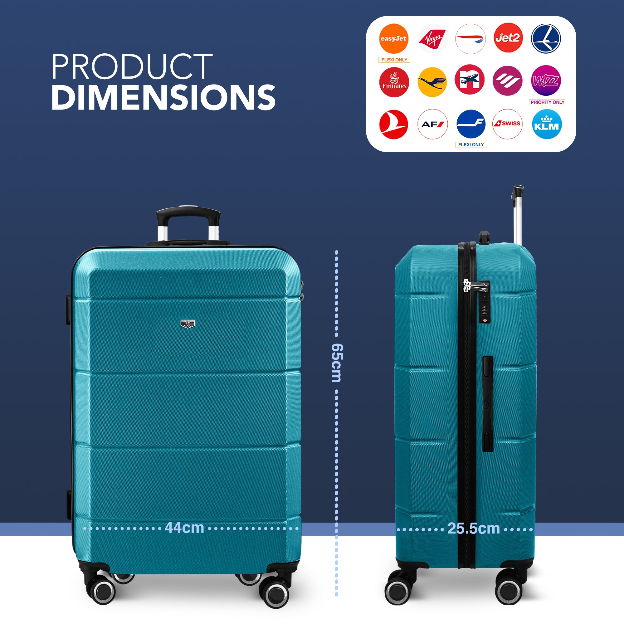 LUGG Jetset 24” Lightweight Travel Carry On Suitcase, ABS, Water Resistant & TSA Lock, Easyjet Overhead- Teal