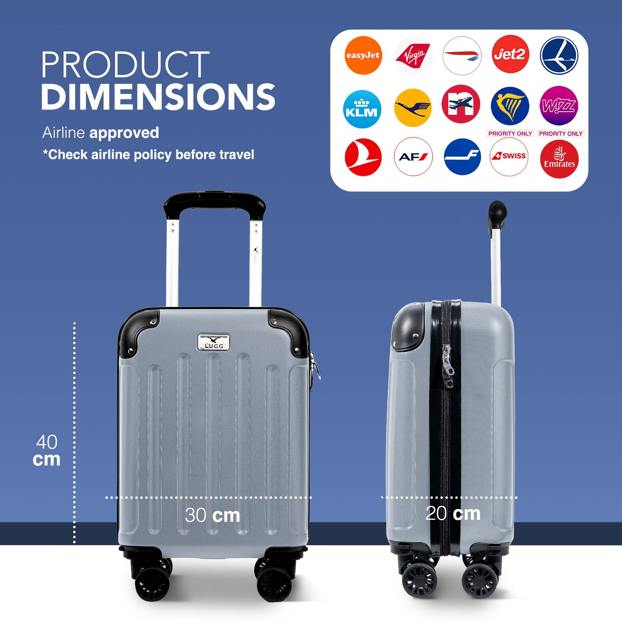 LUGG 40cm Skywander Lightweight Underseat Cabin Bag – Ryanair & EasyJet Approved Carry-On Suitcase, Durable ABS Hard Shell, Smooth Double Spinner Wheels, Water-Resistant & Compact Luggage (40x30x20cm, without wheels) - Silver